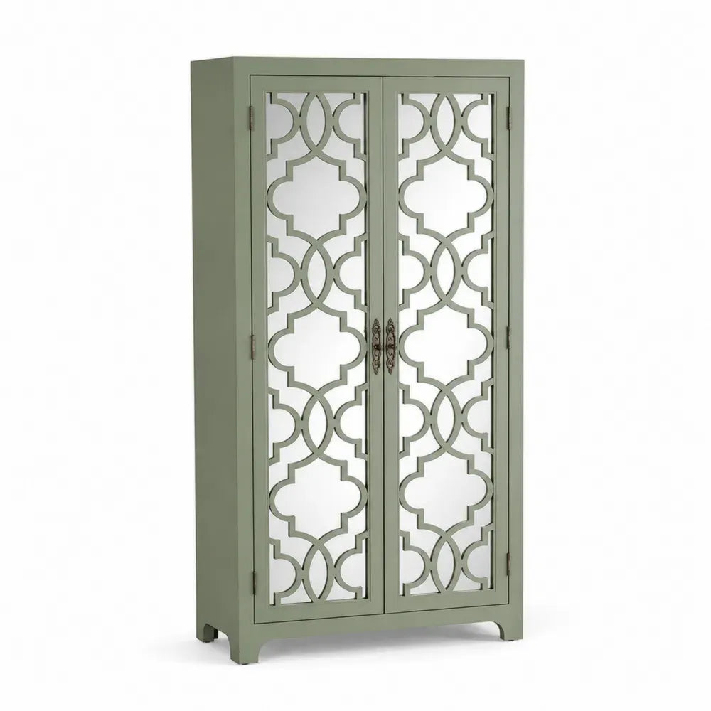 Rechteckiger Aufbewahrungsschrank Vitrinenschrank mit 2 Türen aus MDF und Spiegelglas salbeigrün 80 x 40 x 180 cm