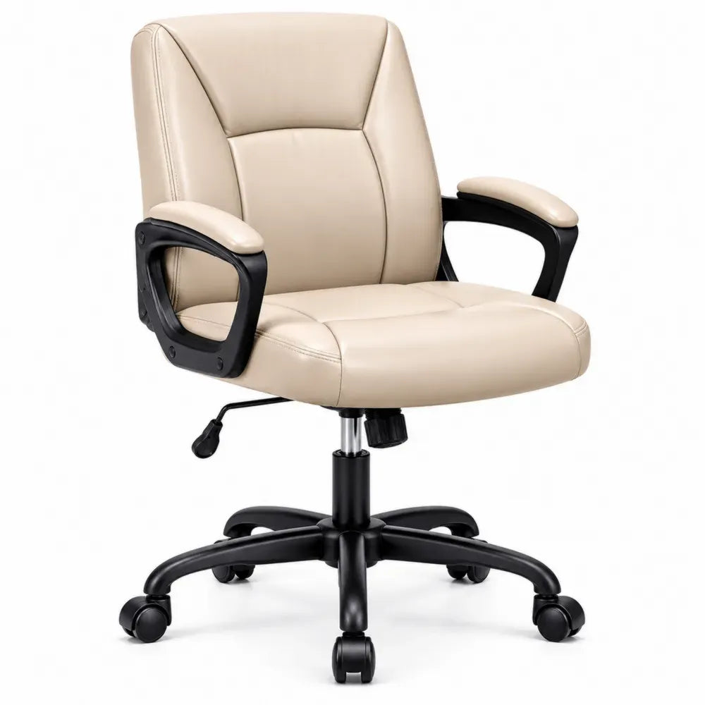 Bürostuhl Chefsessel Drehstuhl 62 x 65 x 92 bis 102 cm PU-Kunstleder höhenverstellbar mit Armlehnen Beige Schwarz Silber