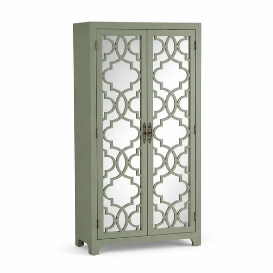 Rechteckiger Aufbewahrungsschrank Vitrinenschrank mit 2 Türen aus MDF und Spiegelglas salbeigrün 80 x 40 x 180 cm