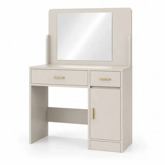 Schminktisch mit Spiegel 2 Schubladen und 1 Tür MDF Spanplatte Spiegelglas rechteckig Cremeweiß Goldfarben Silberfarben 100 x 40 x 140 cm