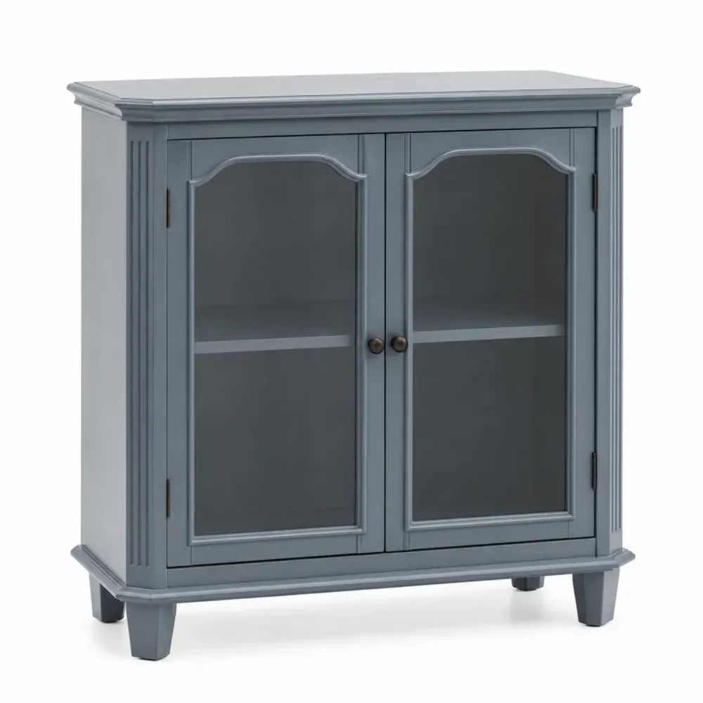 Aufbewahrungsschrank Vitrinenschrank mit 2 Glastüren 90 x 36 x 90 cm MDF gehärtetes Glas rechteckig Blaugrau Dunkelbronze Transparent