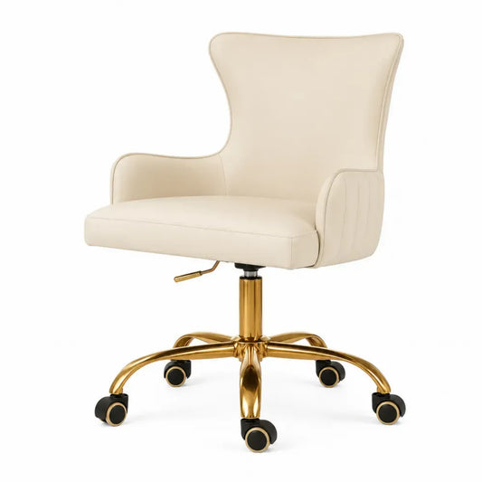 Bürostuhl Drehstuhl mit Rollen höhenverstellbar 66 x 66 x 92-102 cm PU Kunstleder Stahlgestell geschwungen Beige Gold Schwarz