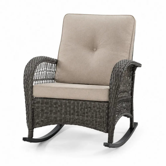 Schaukelstuhl Gartenstuhl mit PE Rattan Stahlrahmen Polyesterkissen rechteckig Grau Taupe Schwarz 73 x 90 x 96 cm