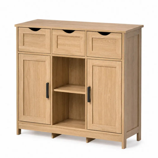Aufbewahrungsschrank Sideboard mit 3 Schubladen 2 Türen 100 x 35 x 95 cm MDF Eiche-Dekor rechteckig Natur Schwarz