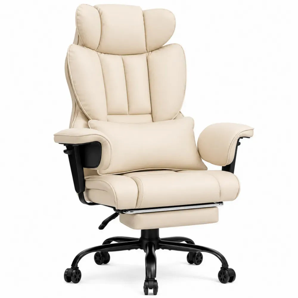 Bürostuhl Chefsessel Drehstuhl 70 x 72 x 122 bis 132 cm PU-Kunstleder höhenverstellbar mit Fußstütze Armlehnen Creme Schwarz Silber