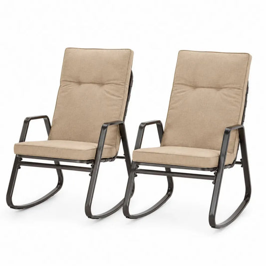 2er Set Schaukelstuhl Gartenstuhl mit beigen Polyesterkissen dunkelbraunem pulverbeschichtetem Stahlrahmen rechteckig 66 x 91 x 95 cm je Stück